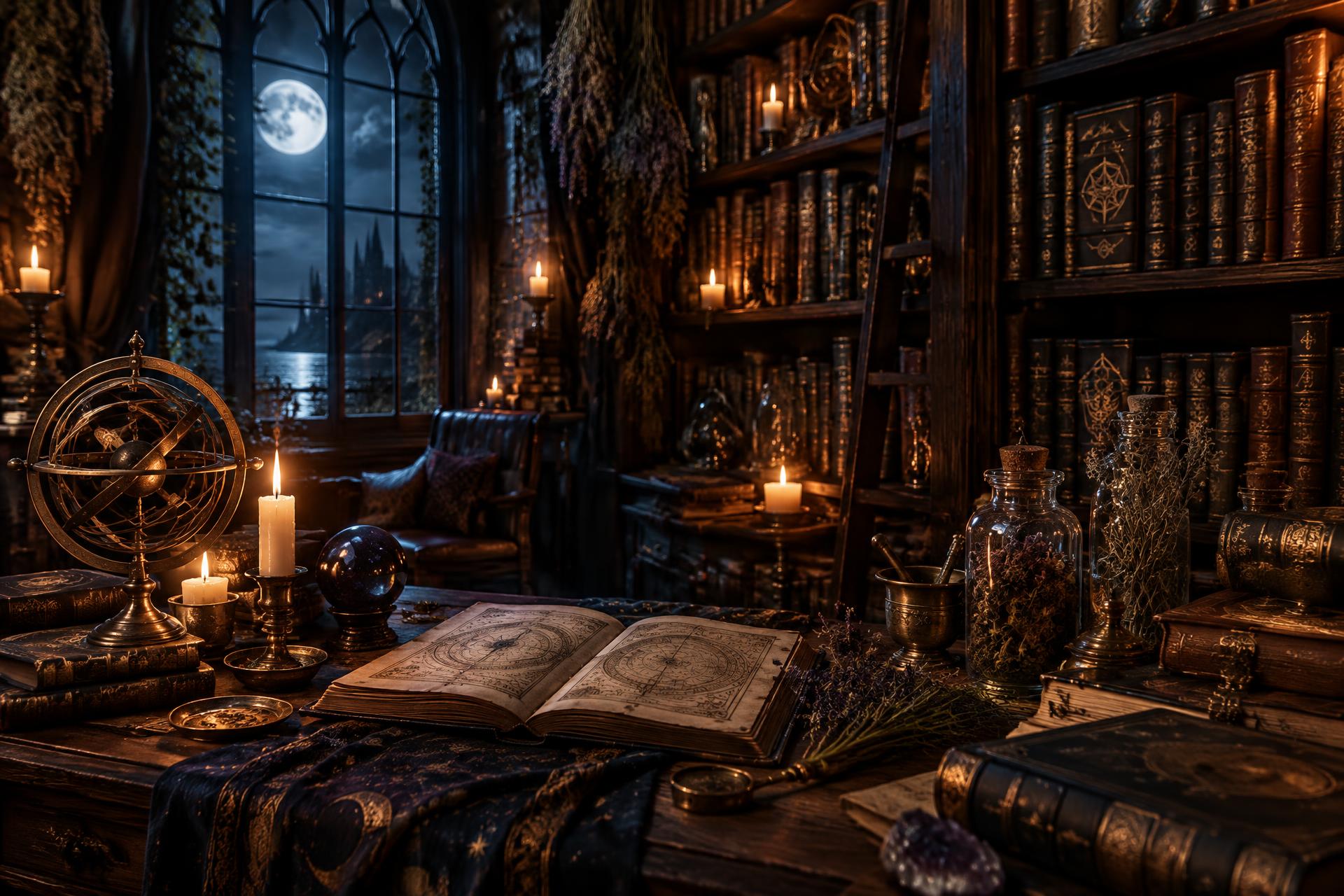 Biblioteca nocturna con velas y luna llena, ambiente de la consulta de Omar Hejeile